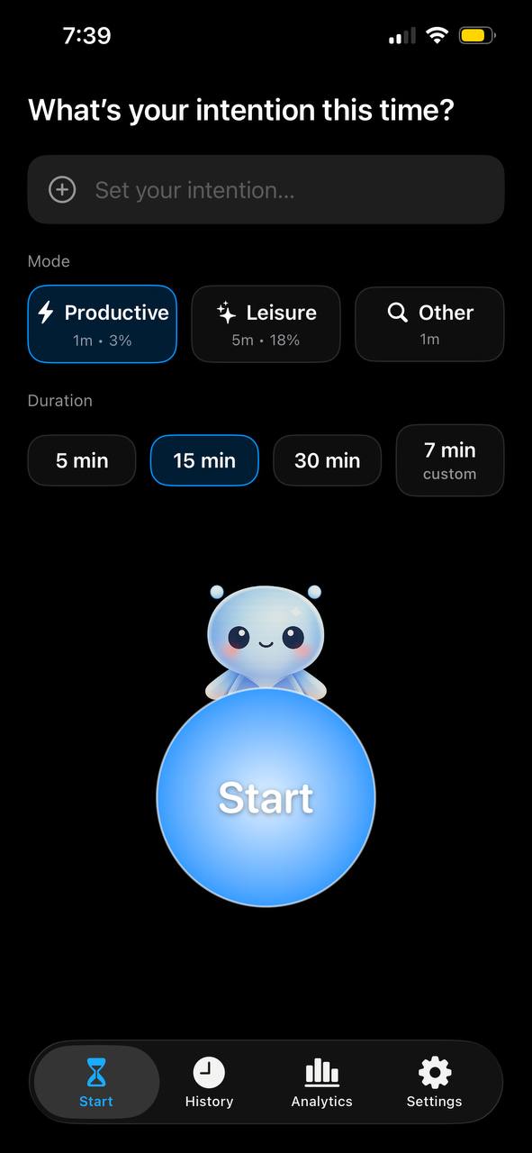 Timo start screen showing an intention prompt and session controls